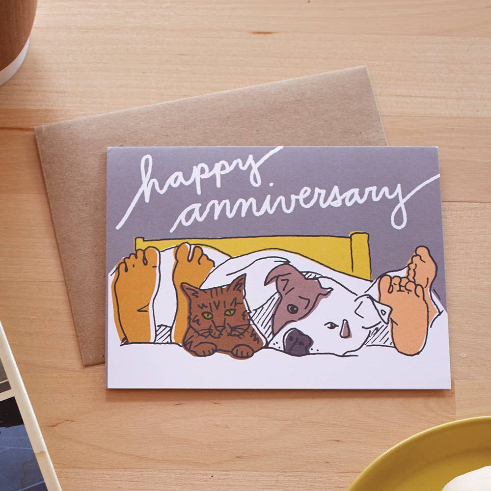 Pets in Bed Anniversary Greeting Card