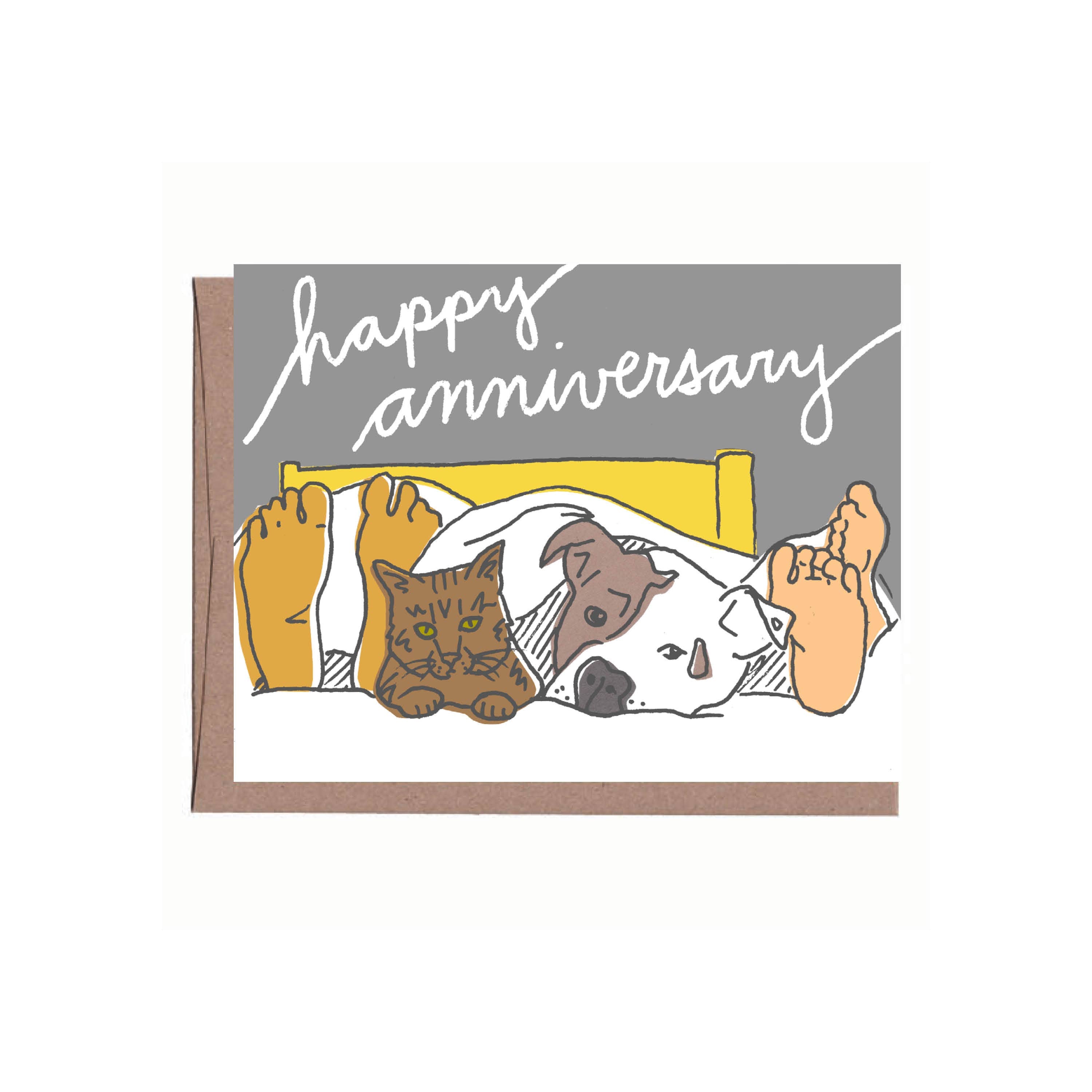 Pets in Bed Anniversary Greeting Card