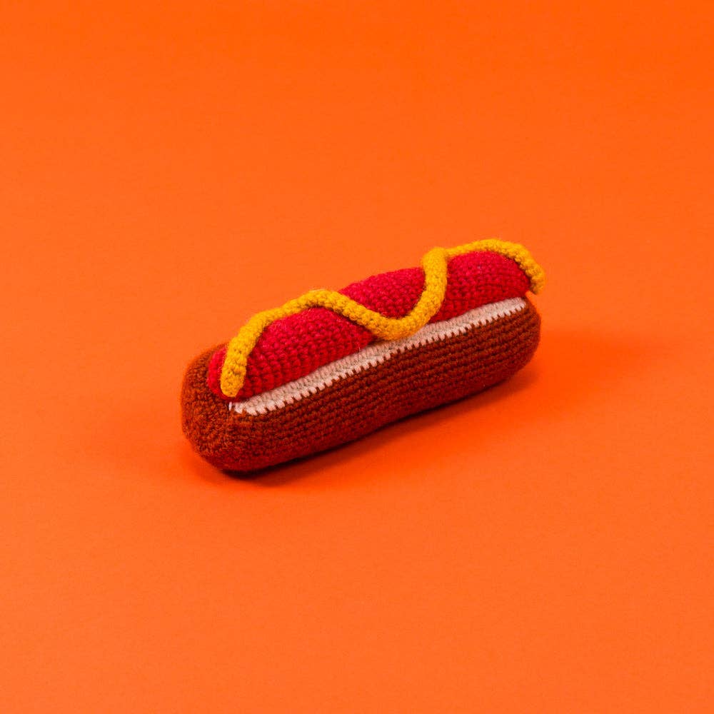 Hand Knit Hot Dog Dog Toy